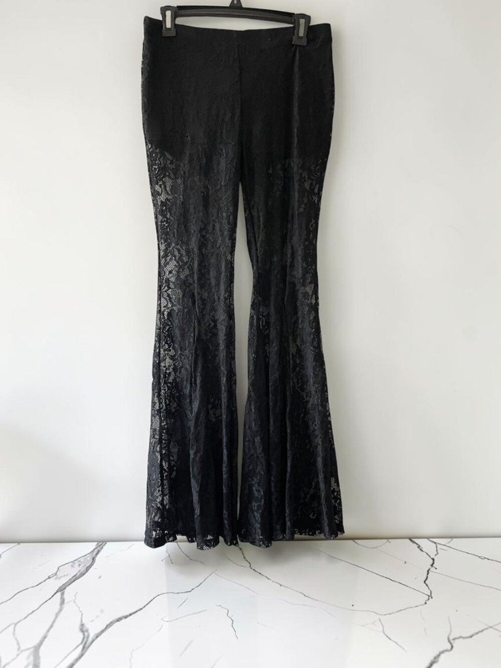 Black Sheer Floral Lace Flare Pants Goth Witchy Halloween Size M - Picture 2 of 5